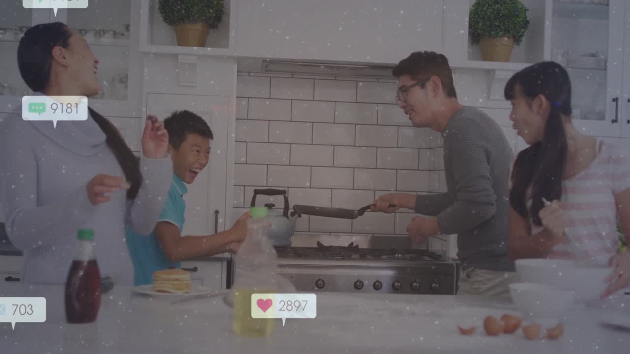 Family cooking pancakes in marketing, father pouring batter on pan and initiating icons multiplying