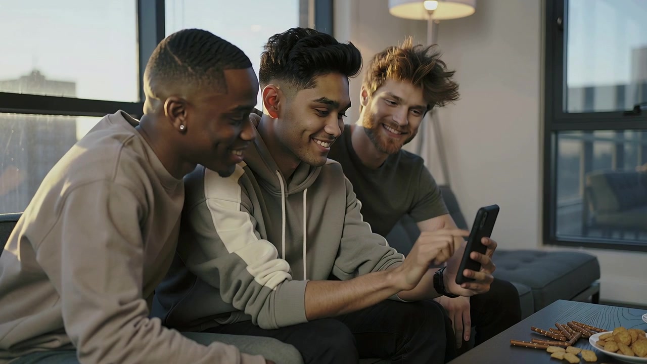 Tapping phone, center man in hoodie showing clip on couch with snacks, friends leaning in smiling