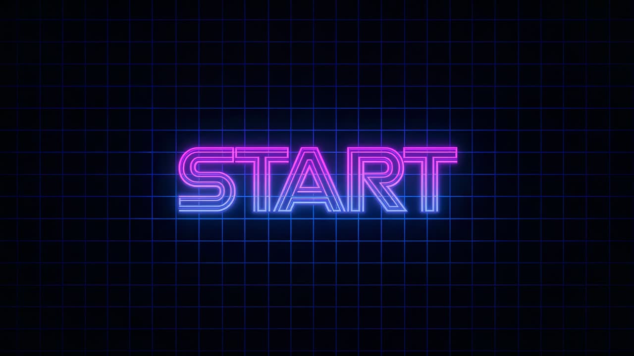 Sequence starting flashing neon START text pulsing over dark retro grid background with particles