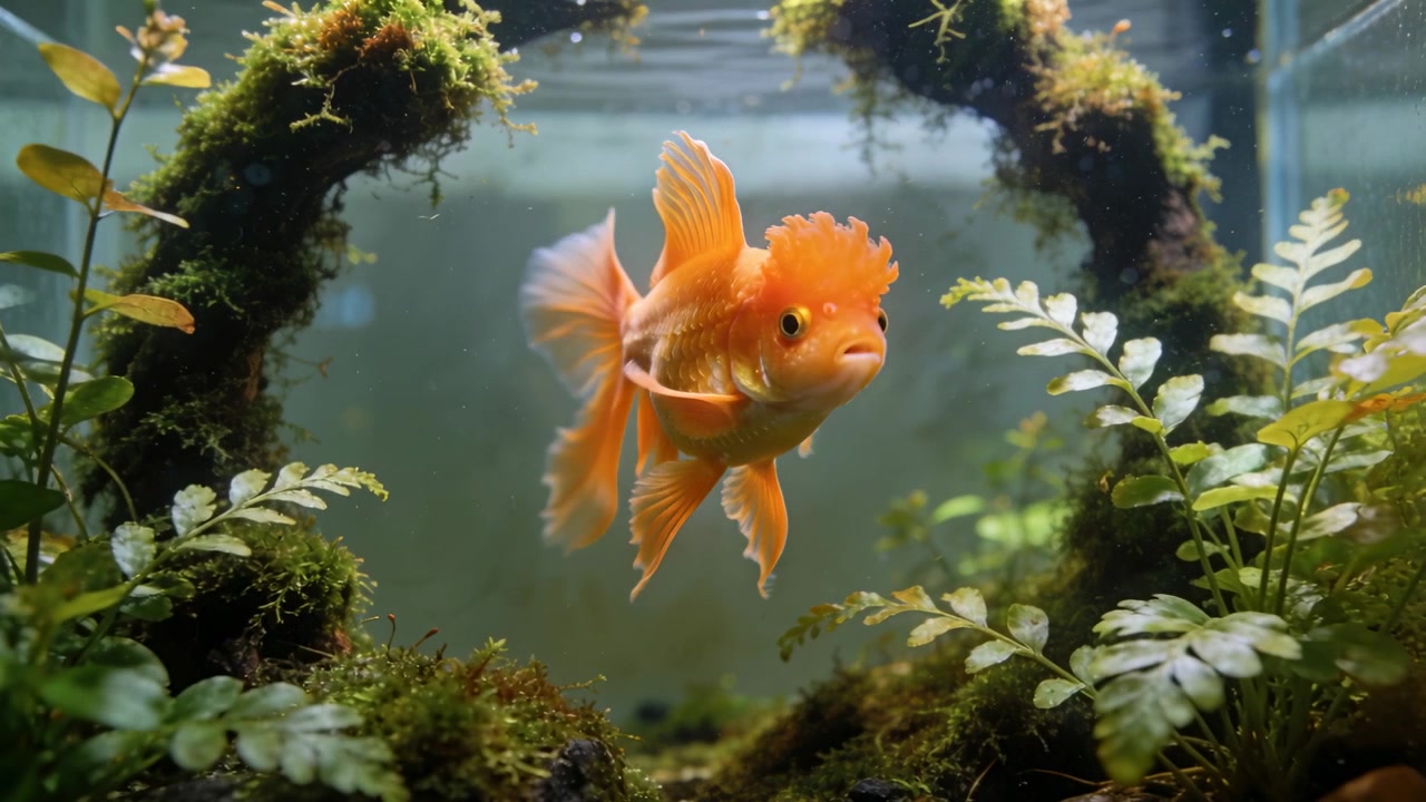 Cauda pulsando, peixe dourado laranja avançando e virando, navegando por um arco de musgo em aquário plantado.