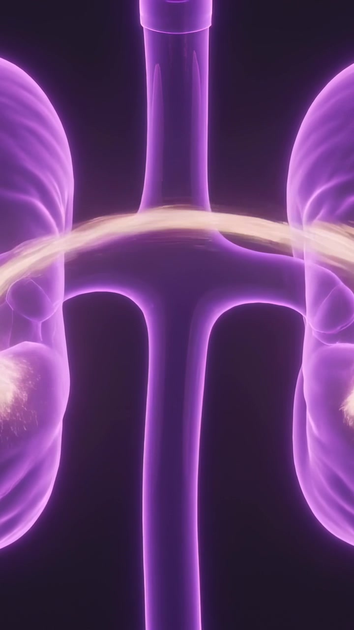 Vertical video: Showing lungs sending gold arc from left bronchus in animation, depositing material