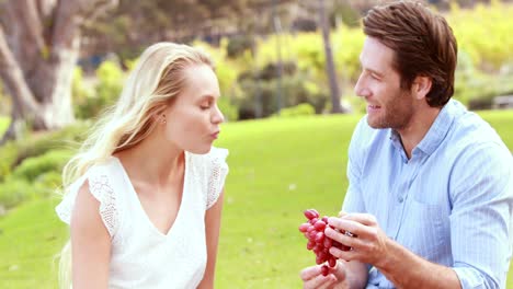 handsome man giving a red grape to his girlfriend