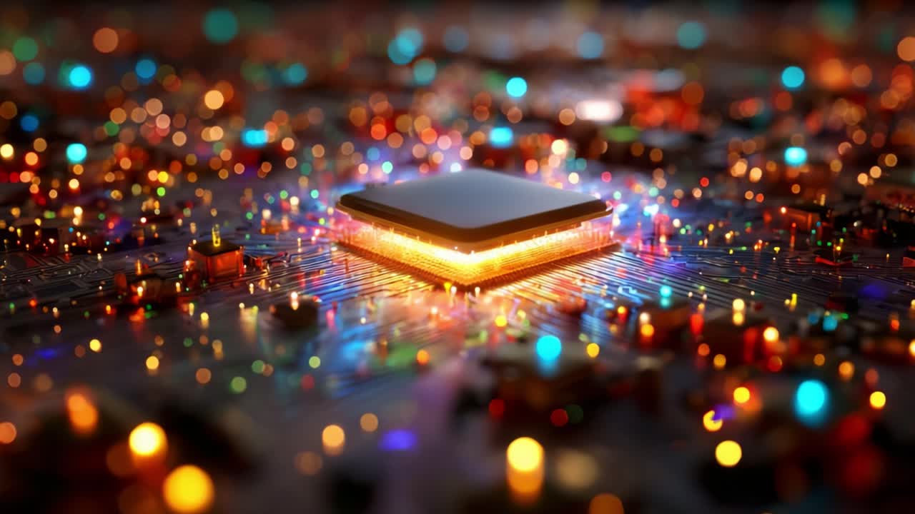 A vibrant and intricate depiction of a computer chip glowing amidst a colorful array of lights and circuits, showcasing the beauty of technology and innovation in digital electronics