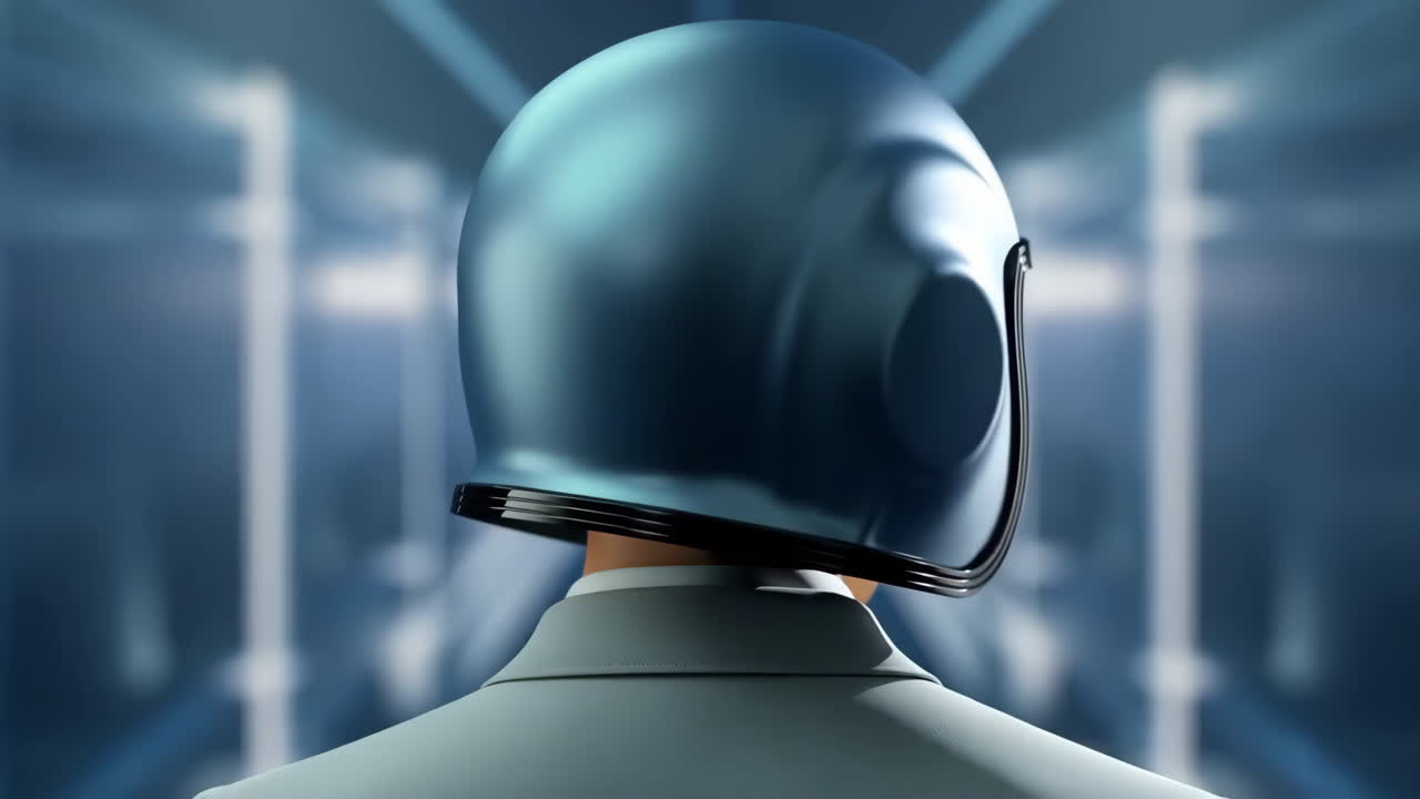 Back of a Person in a Futuristic Helmet in a Sci-Fi Corridor