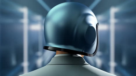 back of a person in a futuristic helmet in a sci-fi corridor