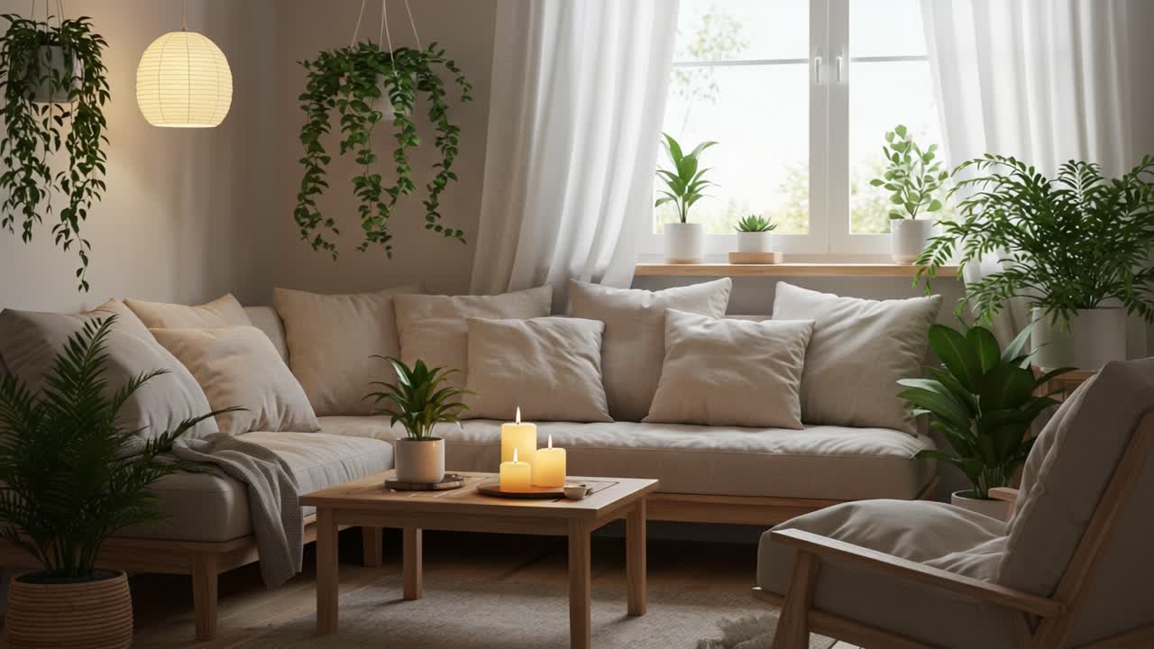 Serene and Inviting Living Room with Cozy Natural Elements, Soft Lighting, and Abundant Houseplants Creating a Tranquil Atmosphere for Relaxation