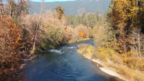 drone shot over river in autumn with man fly fishing