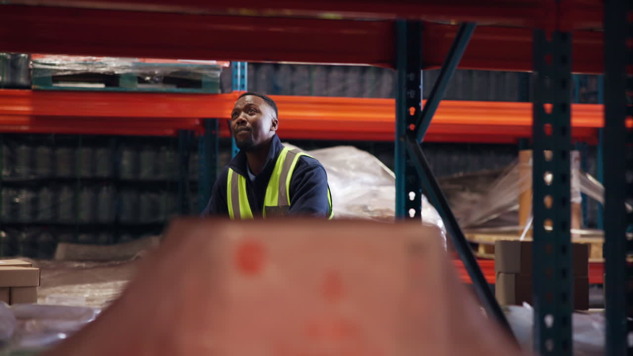Warehouse Worker Handling Boxes and Moving Inventory