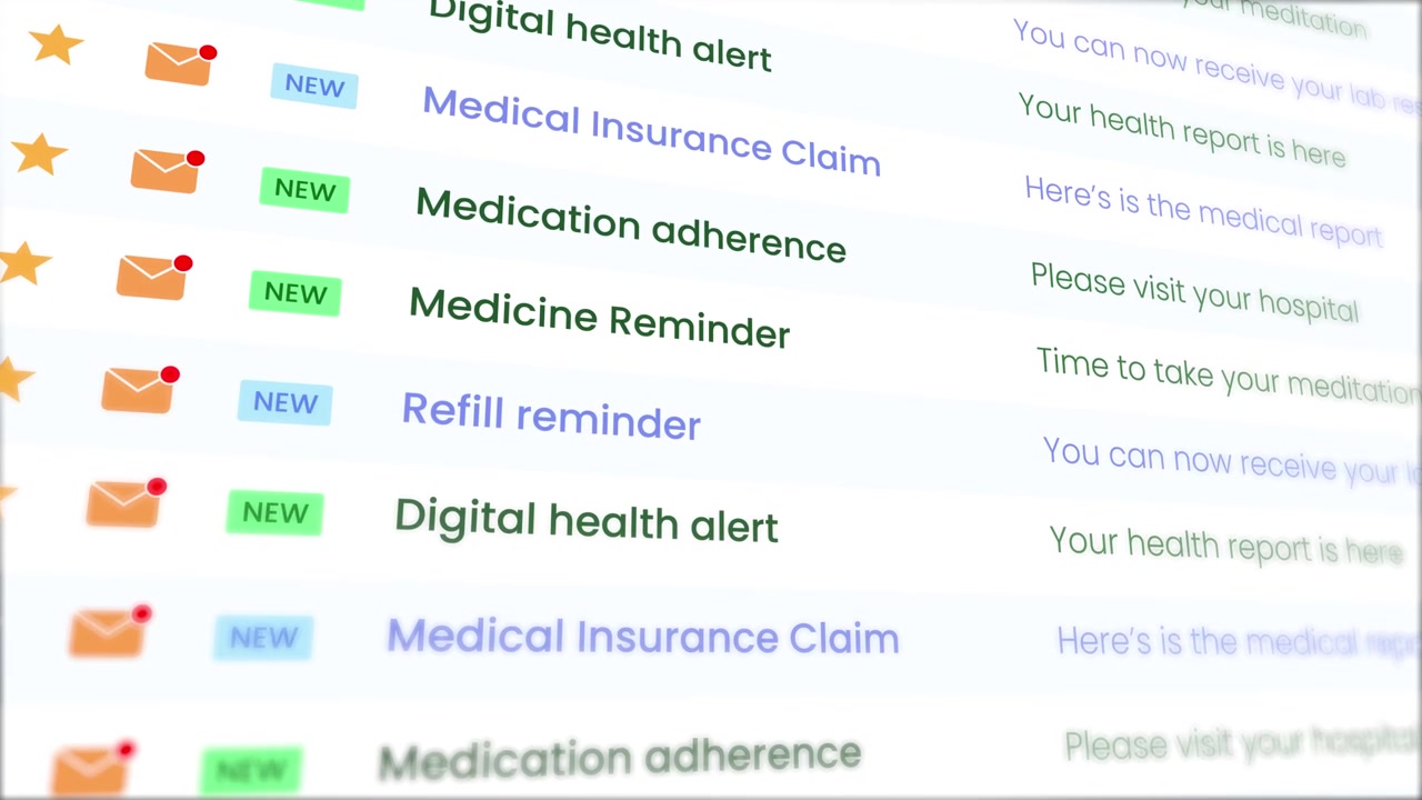 Email inbox interface various pharmacy notifications animation isolated on white background