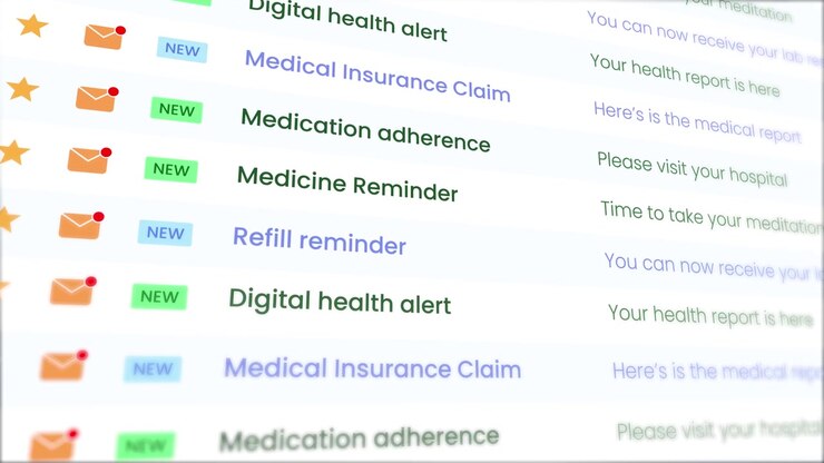 Email inbox interface various pharmacy notifications animation isolated on white background