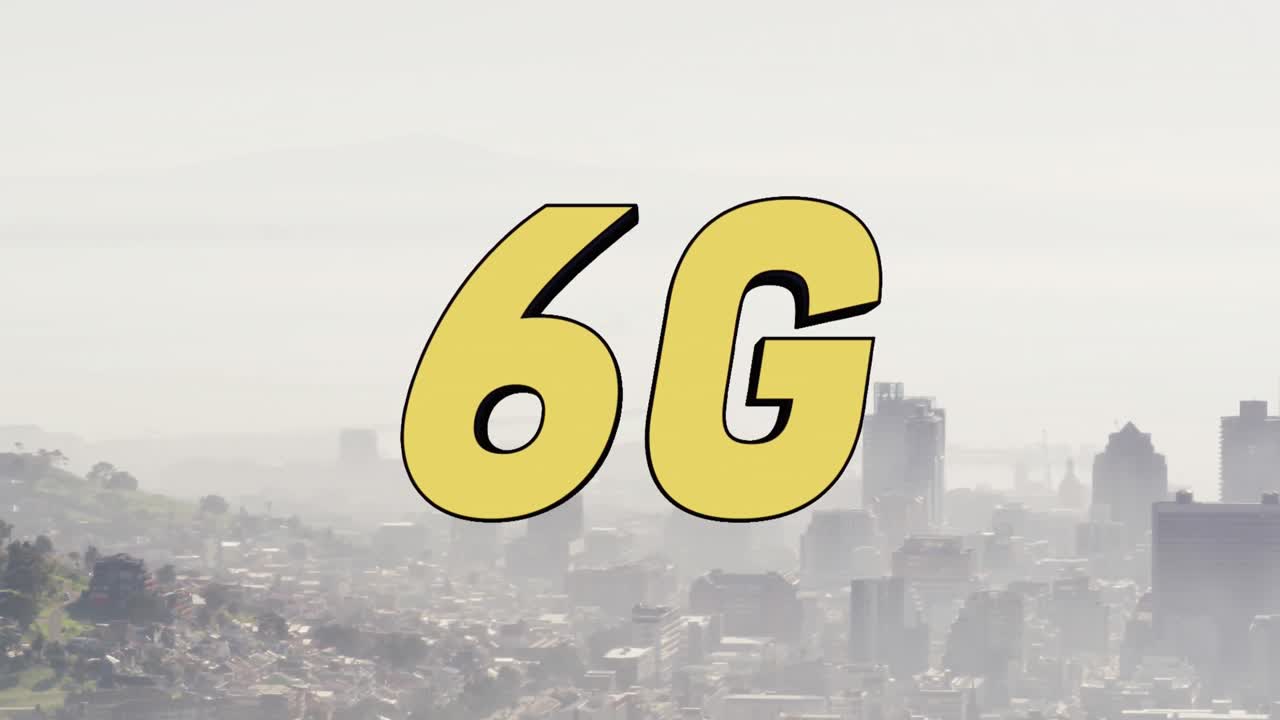 도시 풍경 위의 6g 텍스트의 애니메이션