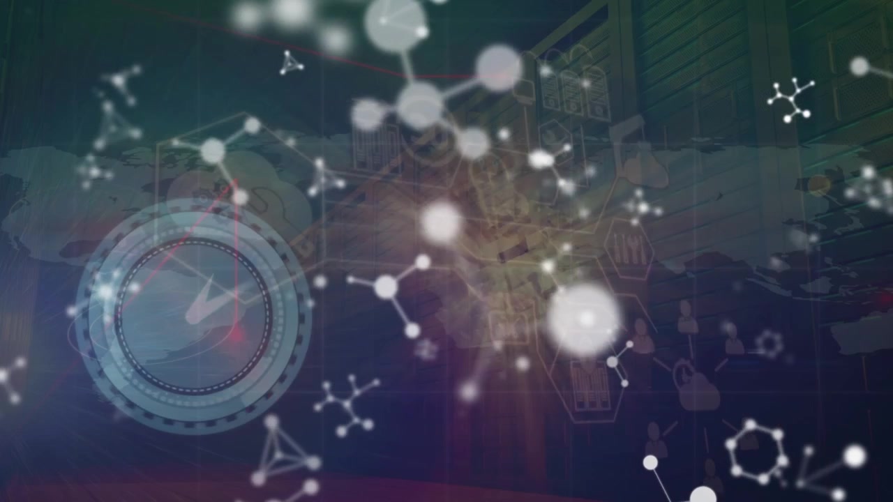 Animation of moving clock and networks of connections over black background