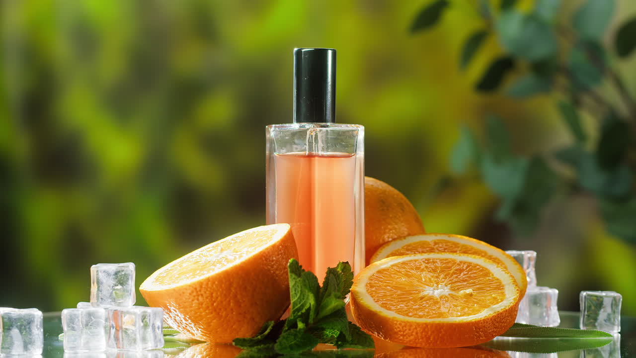 Refreshing Orange Fragrance Bottle with Fresh Fruit and Ice