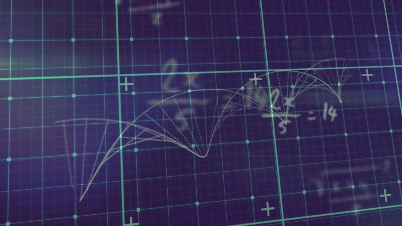 Animation of yellow grid and particles forming dna helix over processing green data on black