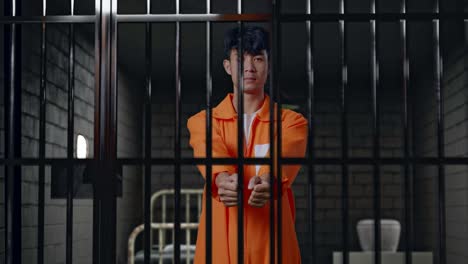 prisionero masculino asiático extendiendo las manos se rinde mientras está de pie en la cárcel