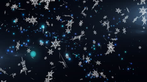 digital animation of snowflakes falling against blue spots of light on black background