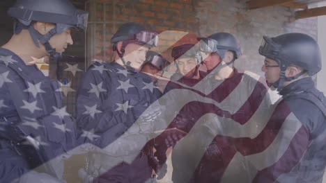 animation of flag of usa over diverse soldiers with armour