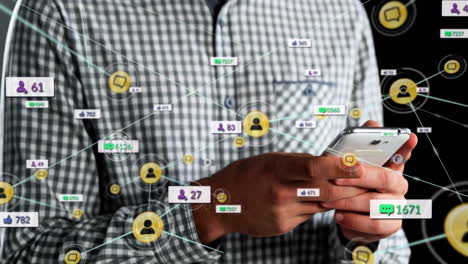 holding smartphone, person surrounded by social media network connections animation