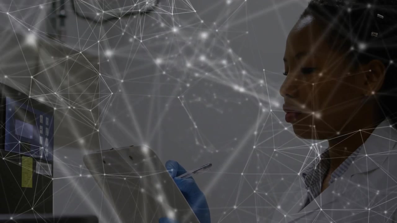 Female lab technician checking instrument and noting readings while network nodes overlaying scene
