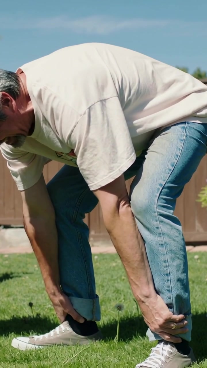Vertical video: Bending middle-aged man rolling jean cuffs on grassy yard, ensuring sneaker fit