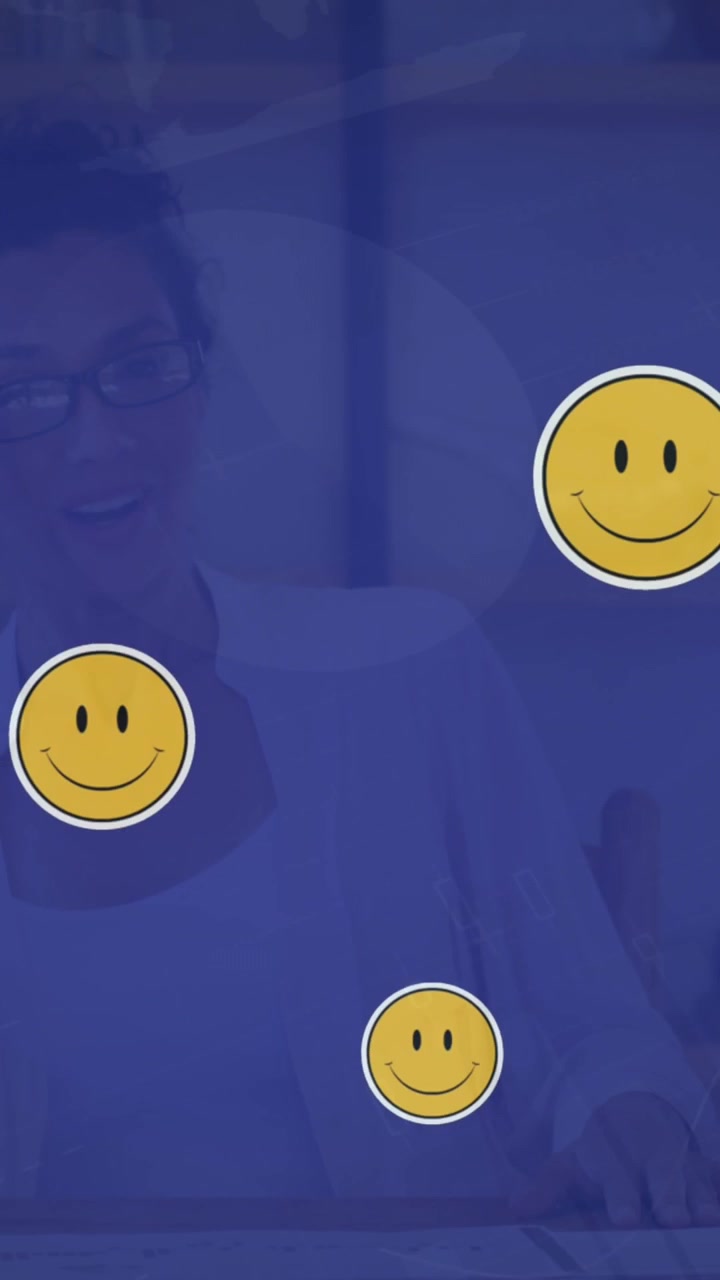 Animation of social media smiley emojis over woman on video call