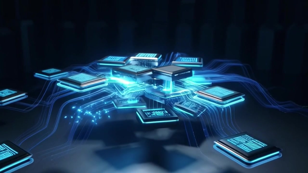 Digitale mikrochips forbundet med glødende datastrømme.