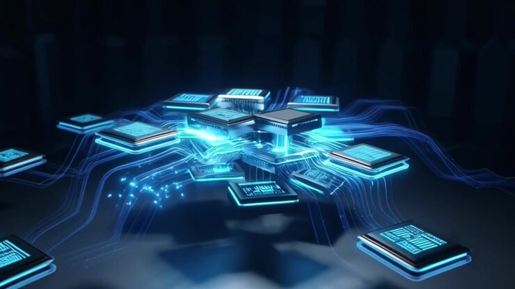 Digital Microchips Connecting with Glowing Data Streams