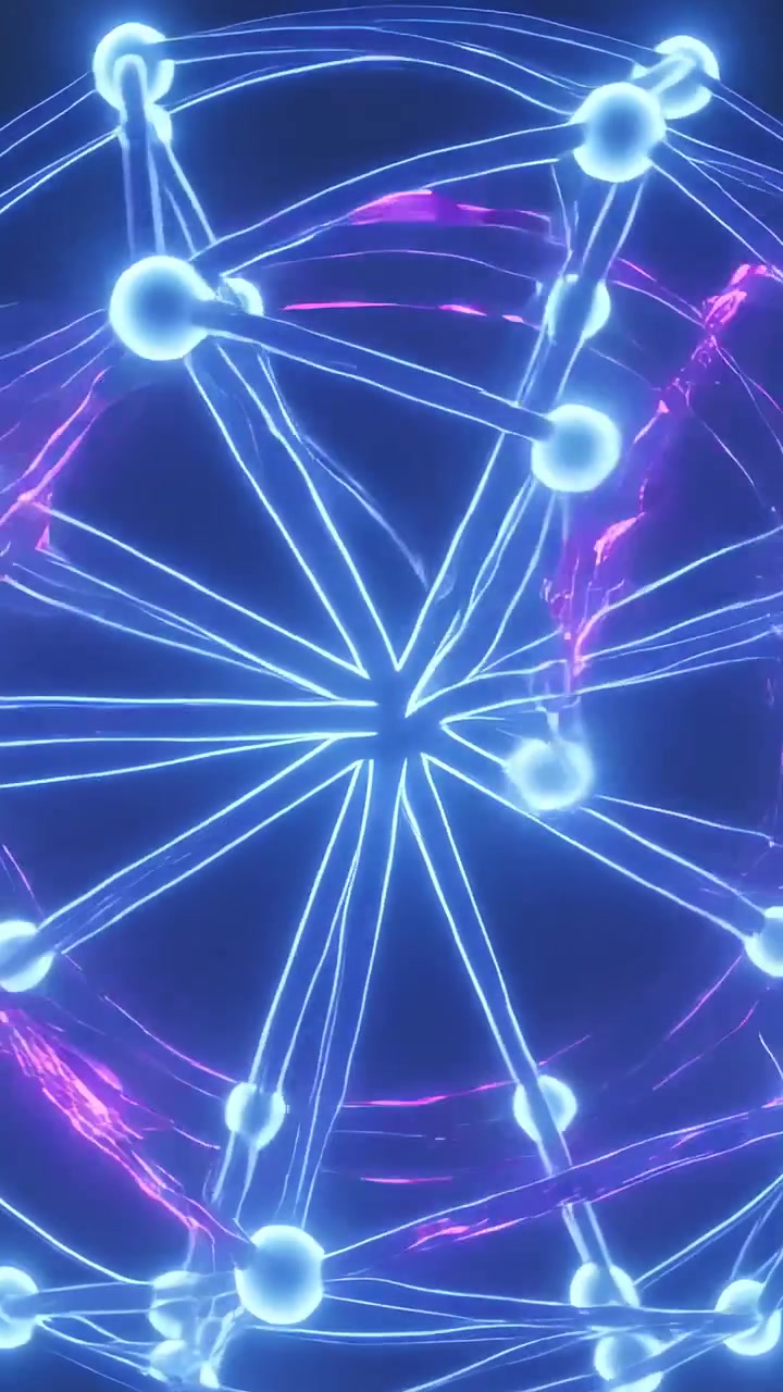 Vertical video: Rotating orb sending pink currents along blue spokes lighting nodes in dark void