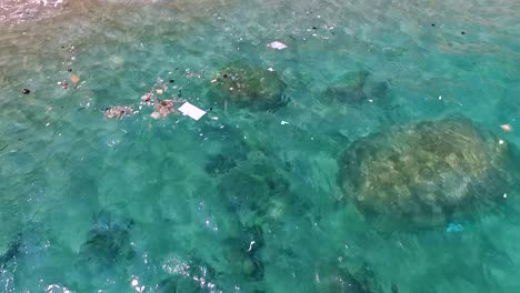 mixed rubbish float in the water near the beach and corals steady shoot from above 1080 hd asia, thailand filmed with sony ax700