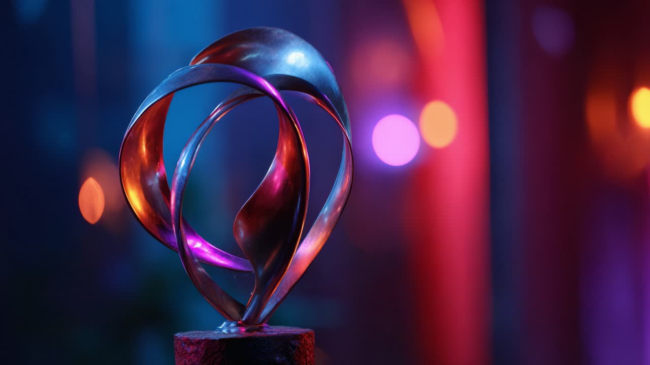 Elegante scultura astratta bagnata da luci colorate, che combina forme organiche e design moderno, catturando un'essenza artistica unica in un ambiente poco illuminato.