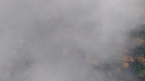 aerial top down view over vibrant automnal mountain forest seen through clouds, 4k