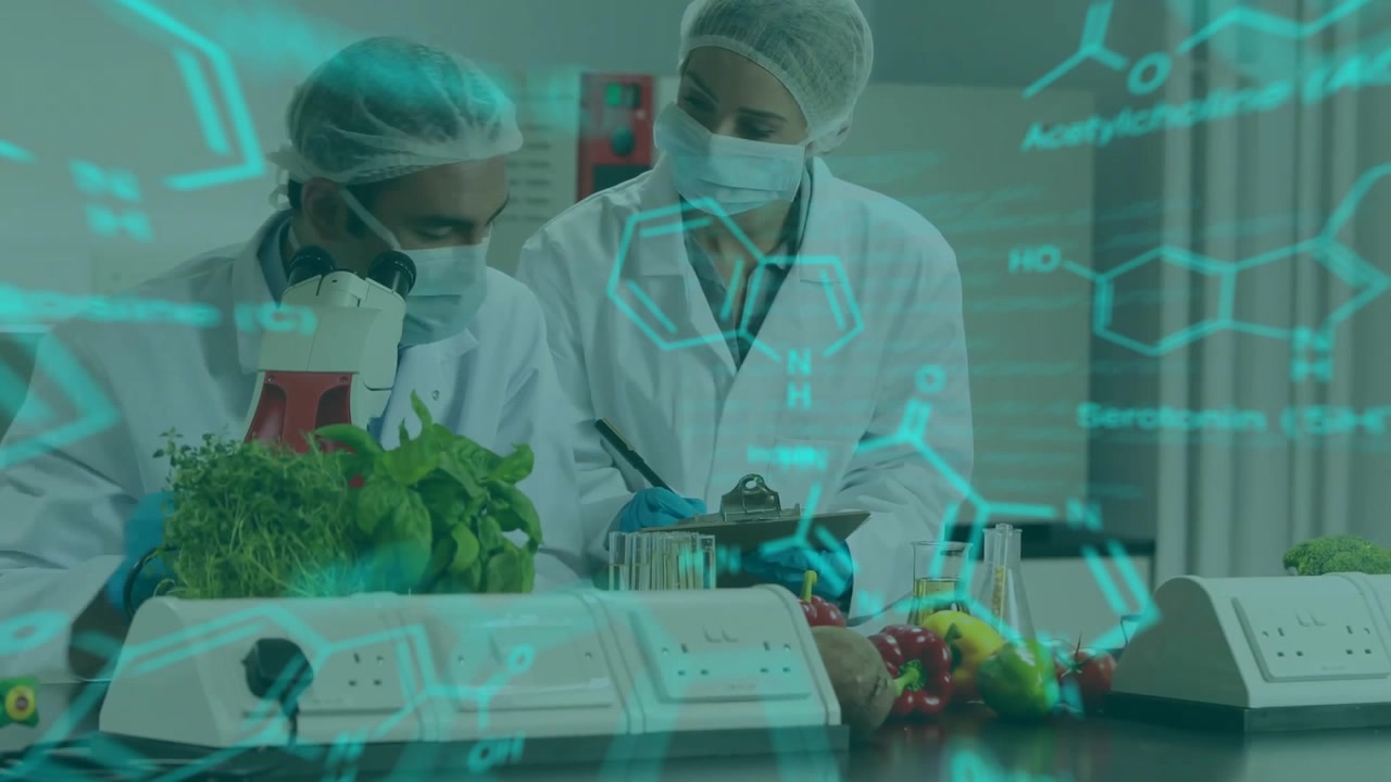 Cientistas Conduzindo Pesquisa Alimentar em Laboratório com Sobreposição de Dados Digitais