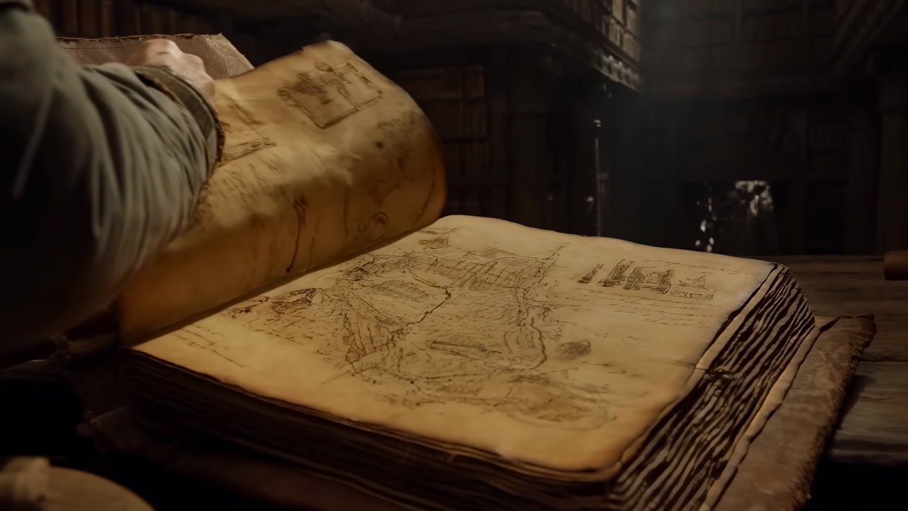 Hands Opening an Old Leather-Bound Book to Reveal Ancient Maps
