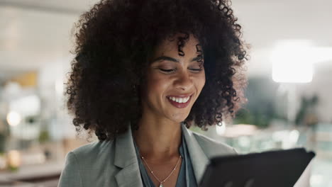 tablet, woman and face with smile for business