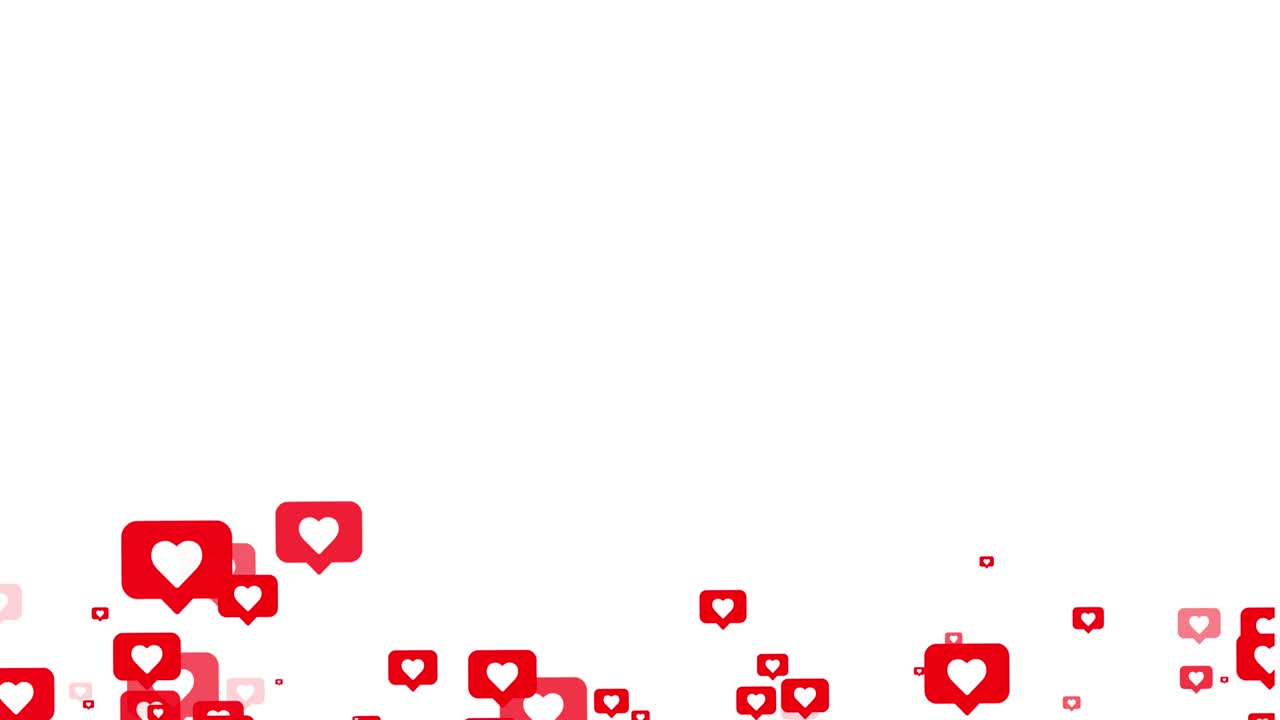 Animation like icons motion background. Social love hearts icons floating from the bottom like particles. Social media Live style animated heart on white screen and alpha matte. 4K 2D animation.
