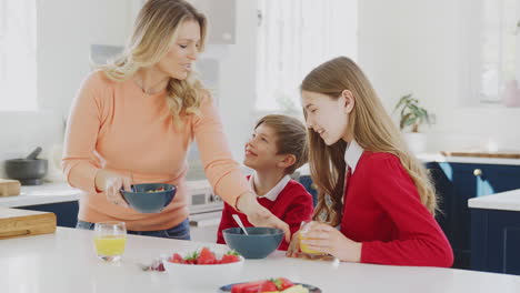 mother having breakfast with children in school uniform at kitchen counter