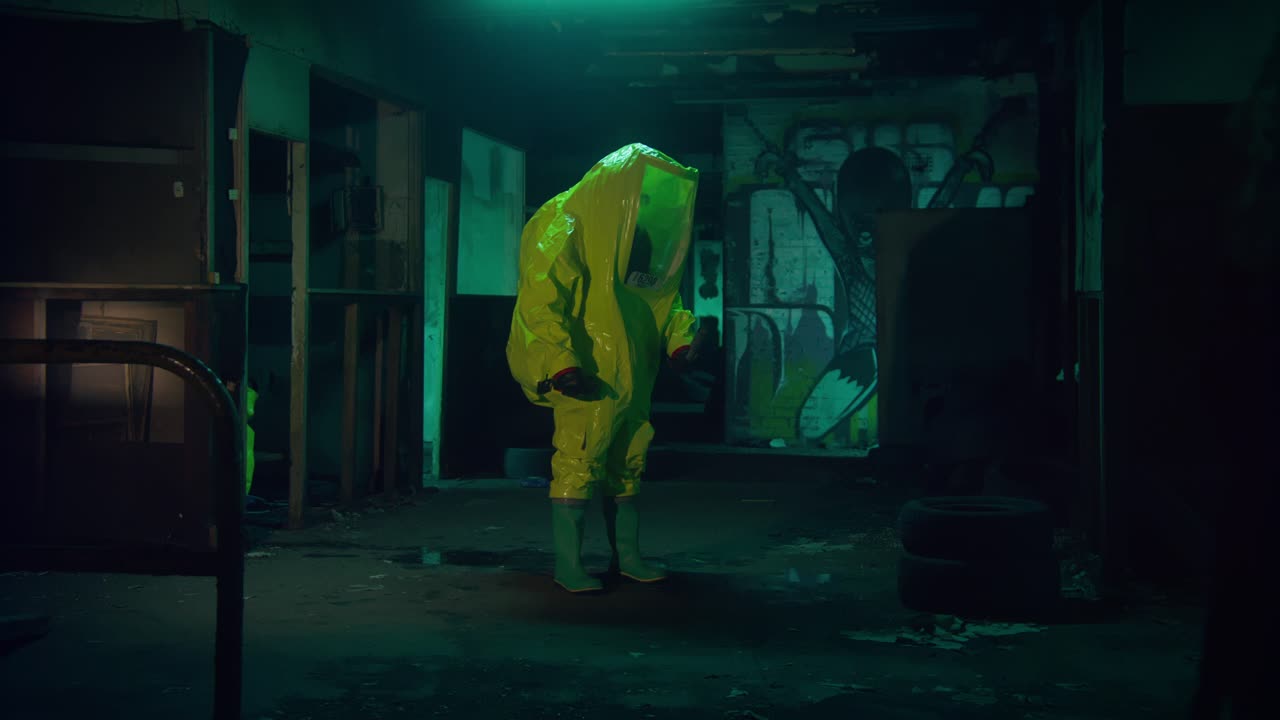traje de materiales peligrosos en un edificio abandonado
