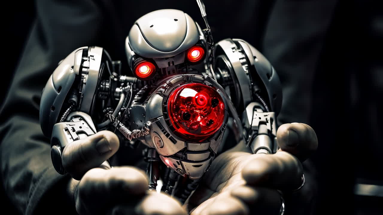 Small Robot With Glowing Core Held in Hands at Technology Exhibition. A small, intricate robot featuring a glowing red core is gently cradled in hands, showcasing innovative technology and design at a recent exhibition.