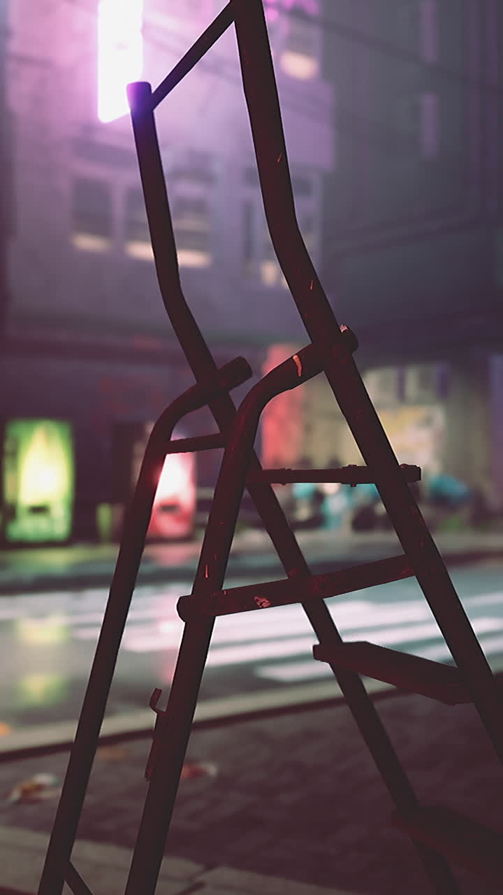 una escalera de metal negra se apoya contra un edificio en una calle de la ciudad por la noche