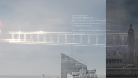 animation of dna strand and data processing over cityscape