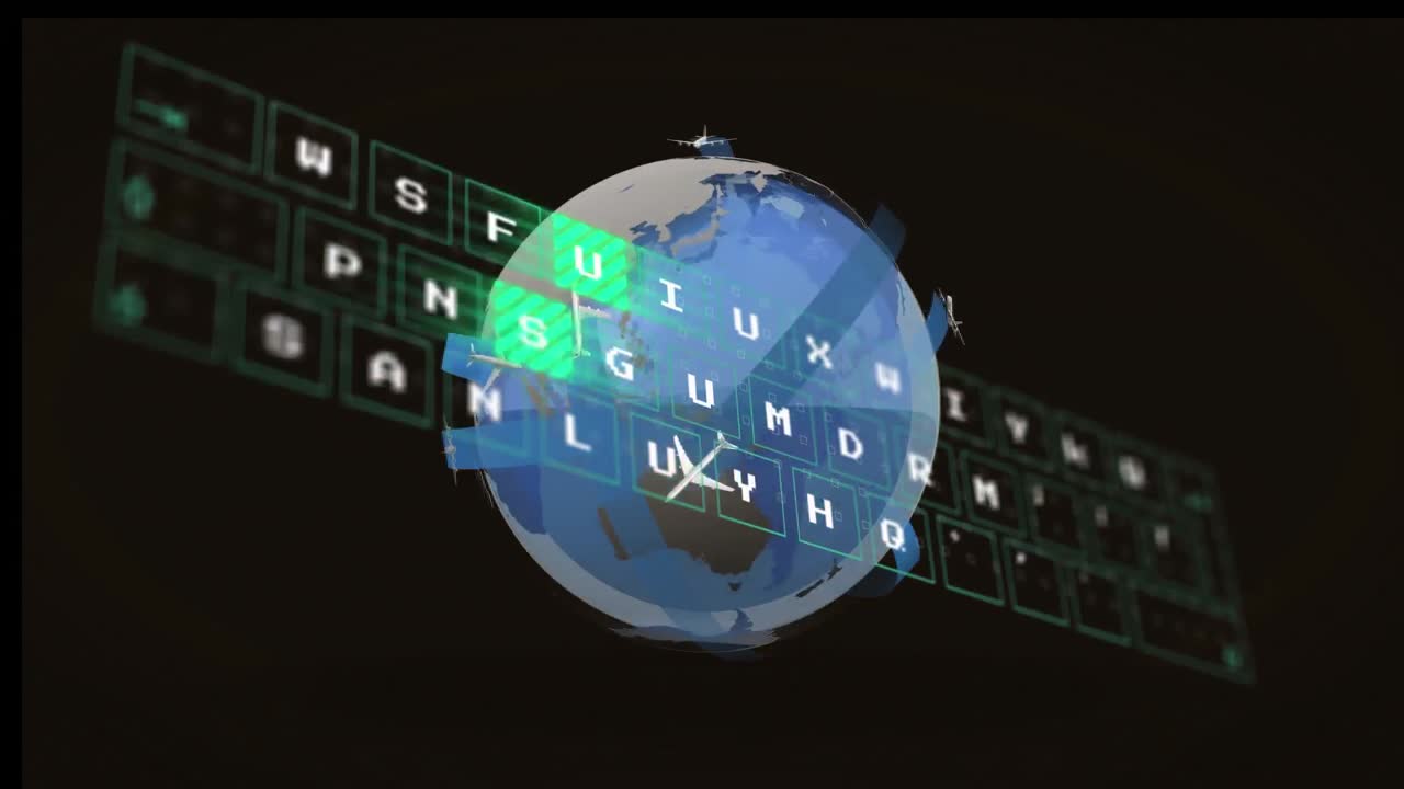 Animation of illuminated pattern moving on keyboard over airplane moving around globe