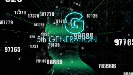 5g text and multiple changing numbers over spinning human face model against black background