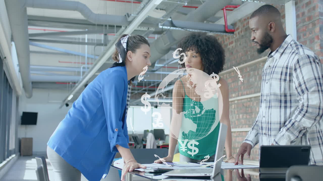 Animation of currency icons and data processing over diverse business people in office