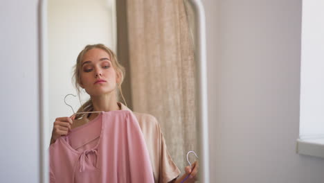 woman tries on elegant pink and black dresses against mirror