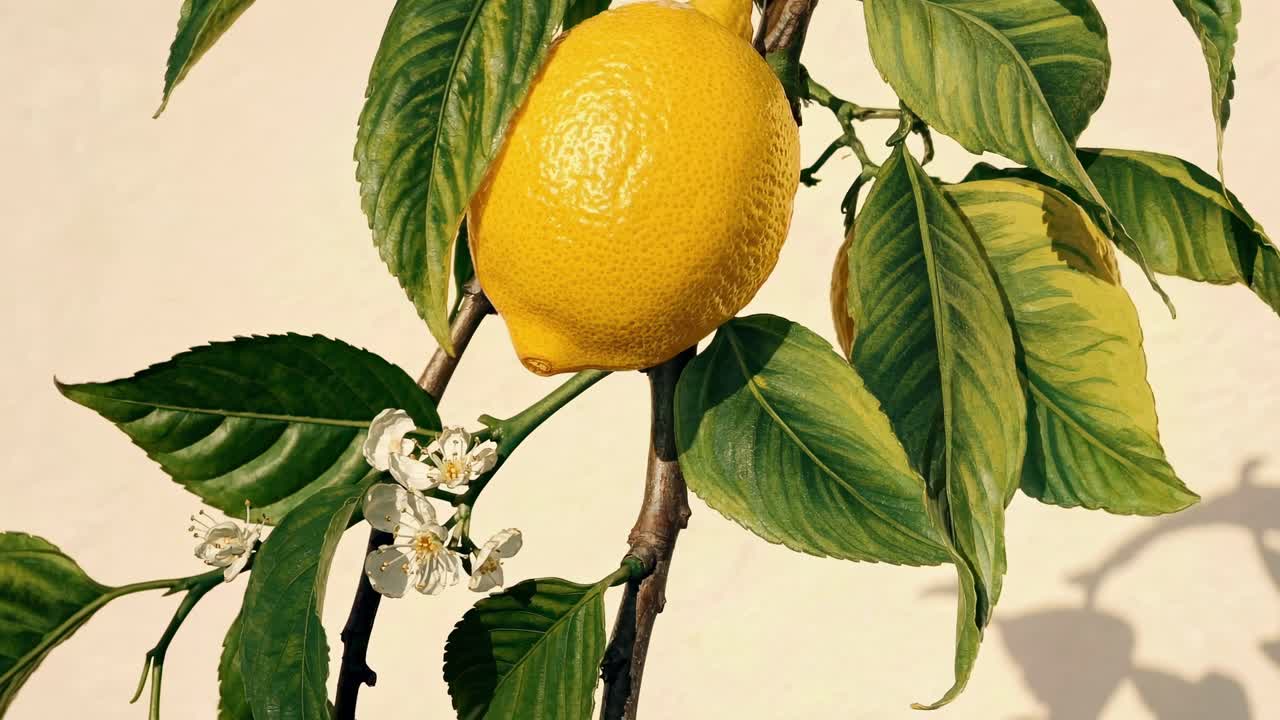 Close-up video shot of a lemon on a branch with leaves and blossoms, showcasing vibrant colors