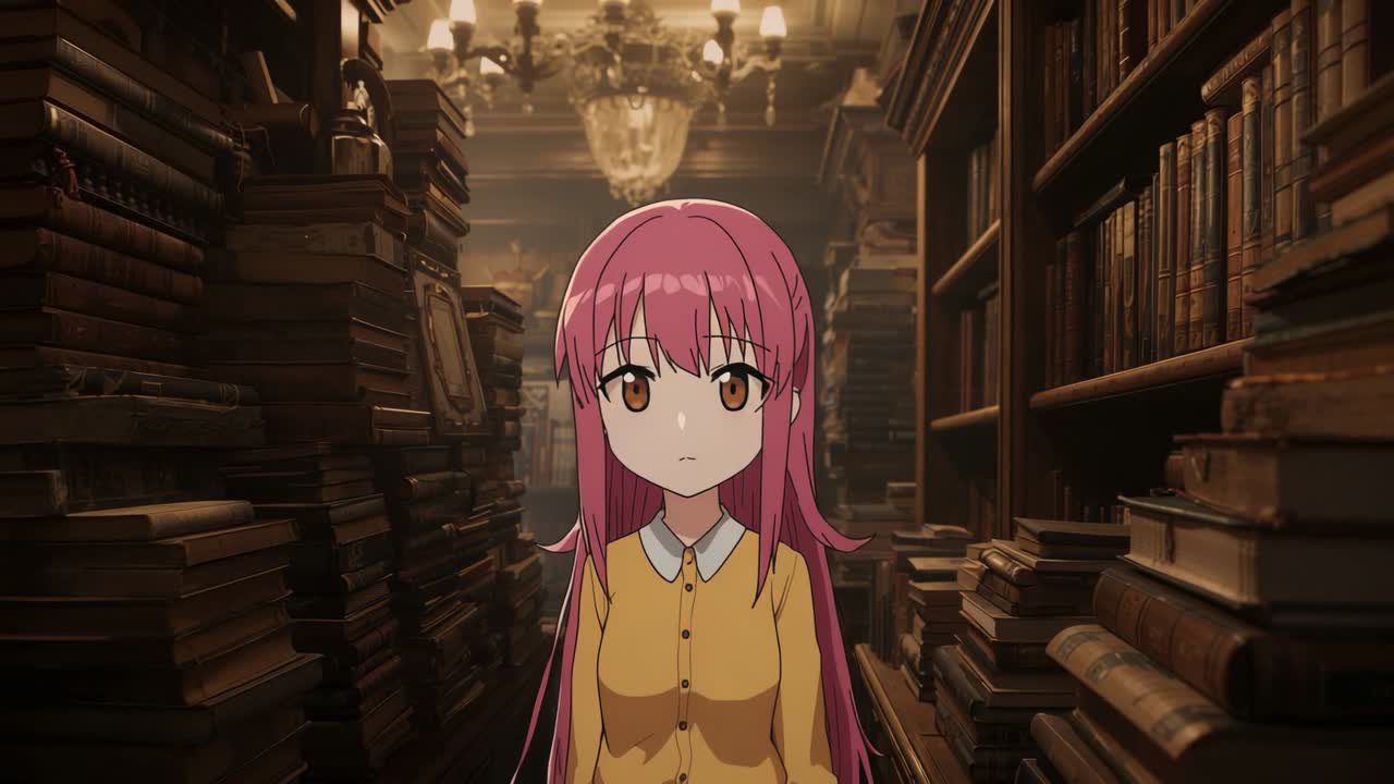 Zooming camera showing anime character blinking revealing curiosity in antique library, with books