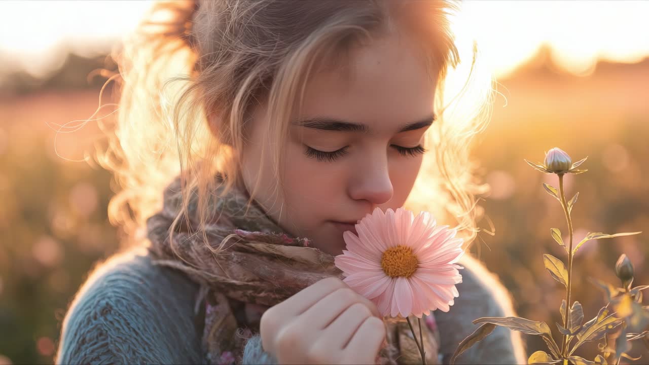 Woman with closed eyes smells a daisy in a sunlit field. Soft golden lighting creates a tranquil and serene atmosphere