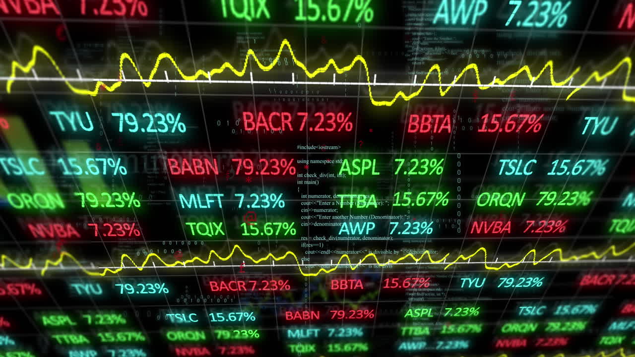 Animazione dell'elaborazione di dati statistici e del mercato azionario su sfondo nero