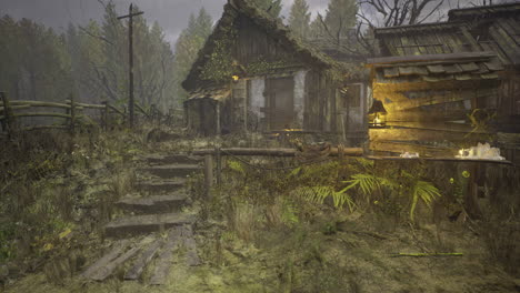 overgrown cottage in a misty forest during early morning