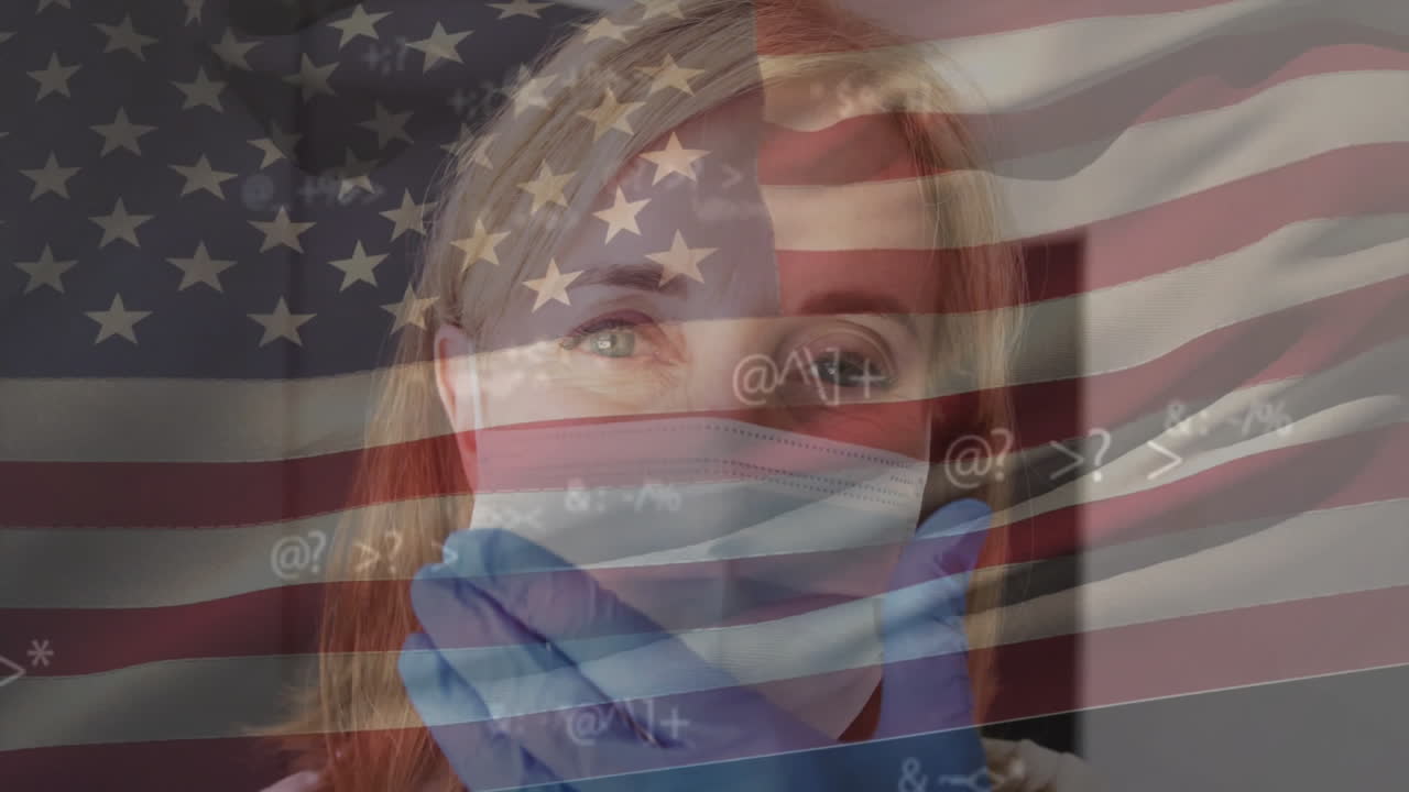 얼굴 마스크를 입은 백인 여성 의사 위에 있는 미국 발의 애니메이션